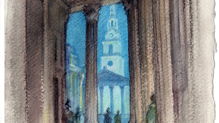 St. Martin-in-the-Fields from the Portico of the National Gallery, London. (Watercolor pencil on cotton rag paper)