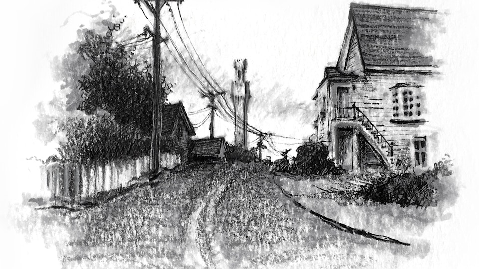 PROVINCETOWN - Bradford Street, Late Summer. (Ink, marker, & colored pencil)