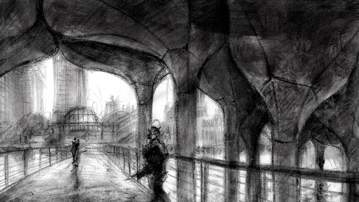 CITIES, LANDSCAPES, & ARCHITECTURE - Little Island. (Ink wash & wax pencil)