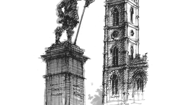CITIES, LANDSCAPES, & ARCHITECTURE - Place d'Armes and Notre-Dame Basilica, Montreal. (Pen & marker)