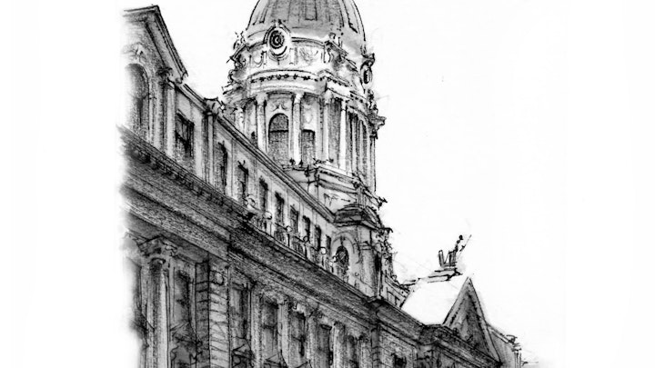 CITIES, LANDSCAPES, & ARCHITECTURE - Old Police Headquarters at 240 Centre Street, NYC. (Pen, marker, & colored pencil)