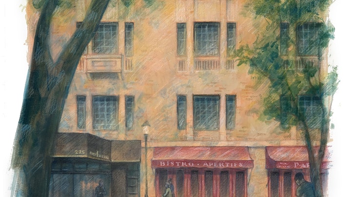 CITIES, LANDSCAPES, & ARCHITECTURE - The Parc Rittenhouse, Philadelphia. (Gouache & wax pastel)