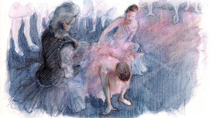 THEATER, OPERA, & BALLET - Twisted Ankle #1. "Sleeping Beauty" Rehearsal, Royal Opera House. (Watercolor, gouache, & colored pencil)