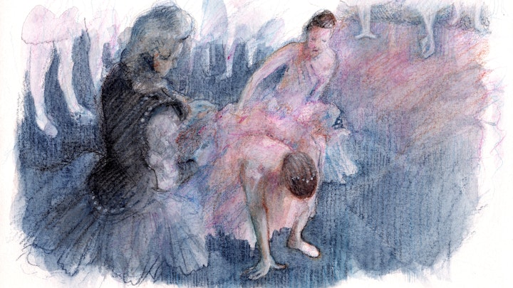 Twisted Ankle #1. "Sleeping Beauty" Rehearsal, Royal Opera House. (Watercolor, gouache, & colored pencil)