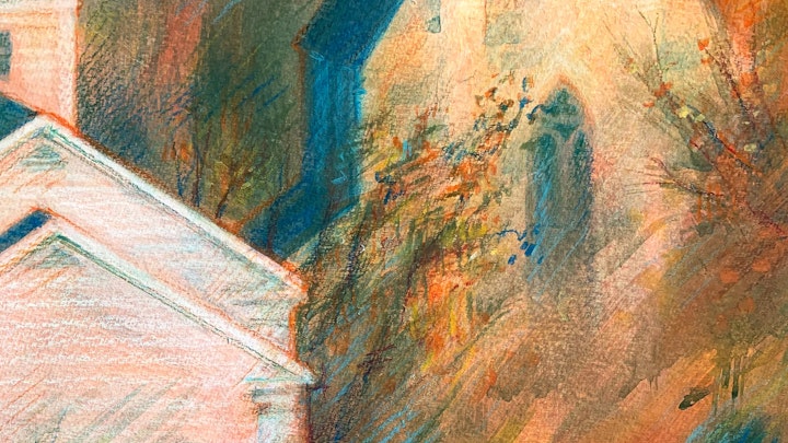 CITIES, LANDSCAPES, & ARCHITECTURE - Newtown, Connecticut. Detail. (Acrylic gouache & wax pastel)