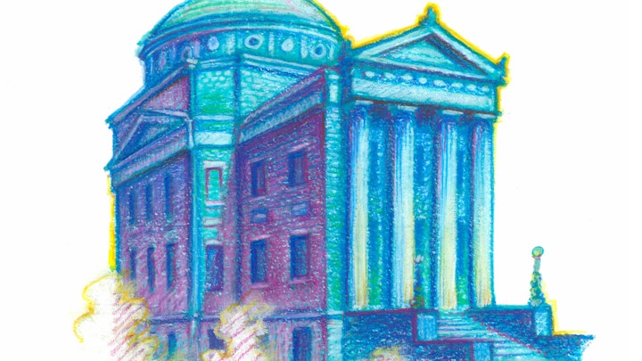 Earl Hall, Columbia University. NYC Pride Series. (Marker, colored pencil, & gouache, 8"x8")