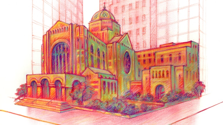 CITIES, LANDSCAPES, & ARCHITECTURE - St. Bartholomew's Church (Acrylic gouache & wax pastel)