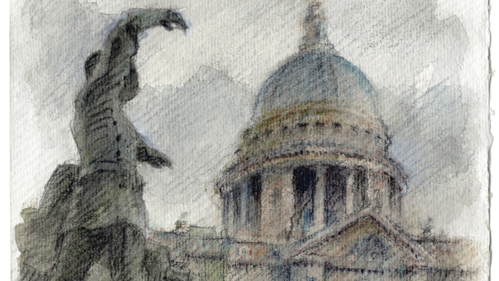 St. Paul's Cathedral and the National Firefighters Memorial, London. (Watercolor pencil on cotton rag paper)