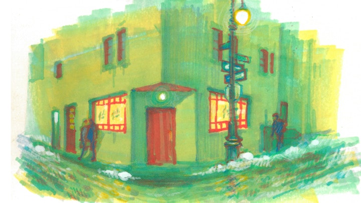 CITIES, LANDSCAPES, & ARCHITECTURE - Winter Night at Julius' Bar, Greenwich Village, NYC. (Marker, gouache, & colored pencil)