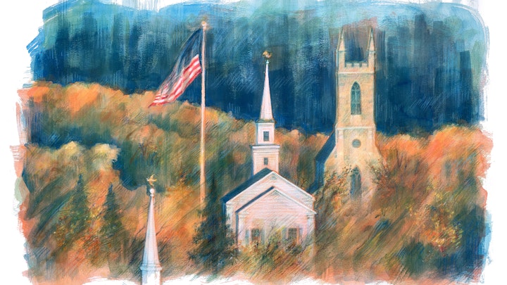 CITIES, LANDSCAPES, & ARCHITECTURE - Newtown, Connecticut. (Acrylic gouache & wax pastel)