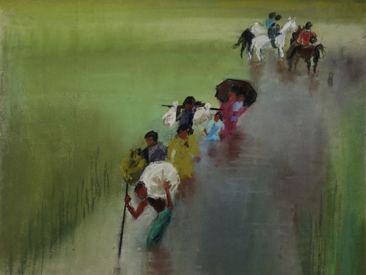 "WEDDING PROCESSION #2"
PASTEL ON TEXTURED PAPER - 36"H X 27"W (FRAMED)
2018, KATHARINE GOULD