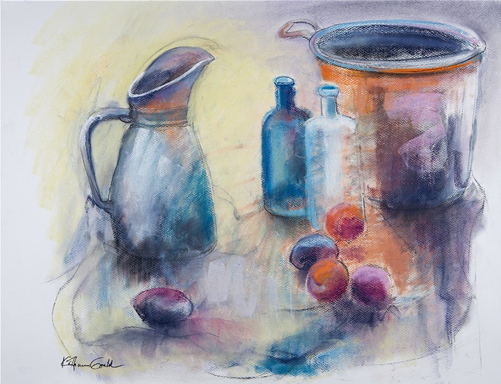 "Pewter Pitcher with Plums" (SOLD)
Pastel on textured paper - 22"H x 30"W
Katharine Gould