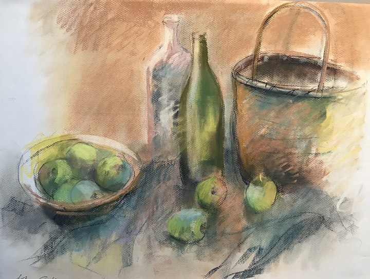 "Bonnie's Apples"
Pastel on textured paper - 22"H x 30"W
Katharine Gould