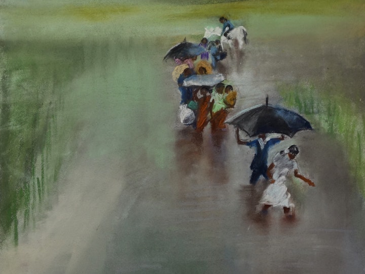 "Wedding Procession #1"
Pastel on textured paper - 36"H x 27"W (framed)
2018, Katharine Gould