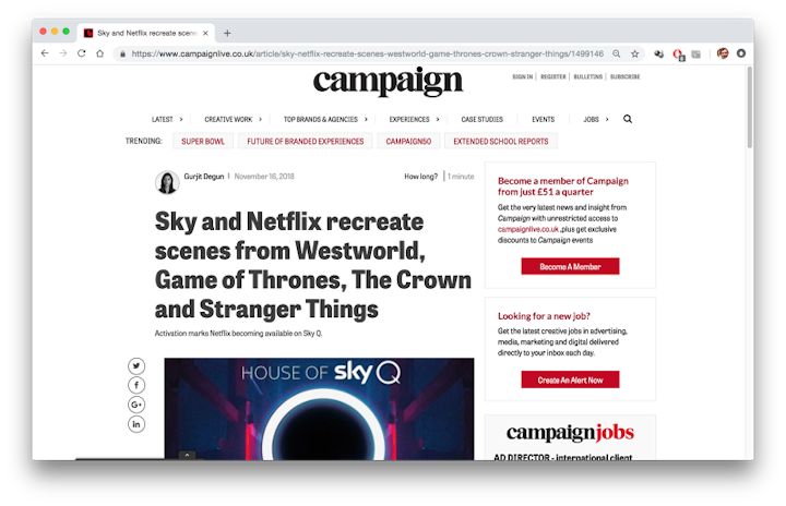 Sky x Netflix - The House of Sky Q was an immersive experience where journalists, influencers and Sky Q customers were able to walk between a series of bars based on locations from Sky and Netflix shows.
