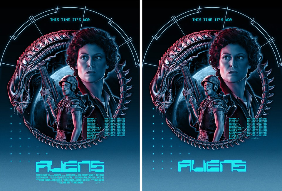Aliens - Final poster design alongside a version with the billing block removed, as seen in the book.