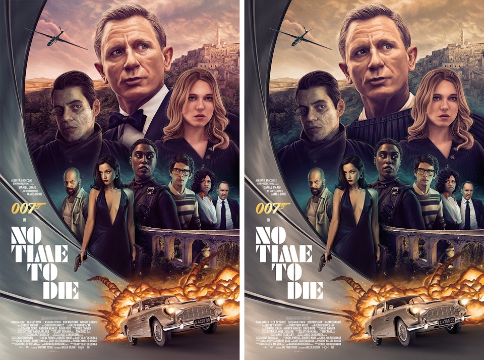 No Time To Die (Private Commission) - James Bond - No Time To Die poster illustration.
Regular edition (left) and variant "Silver Birch" edition (right).
Private commission. 24 x 36 inches.