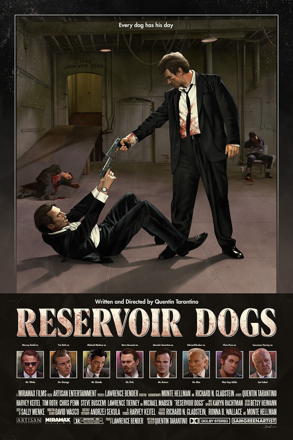 Reservoir Dogs - Reservoir Dogs Poster Illustration

Illustrated components in Procreate, Adobe Photoshop and Adobe Illustrator. Assembly in Adobe Photoshop.

Created as part of Gallery 1988's exhibition “Crazy4Cult 2021” – featuring artwork inspired by cult cinema.

Quentin Tarantino is one of my all time favourite directors, so I enjoyed the challenge of creating work to represent such a seminal piece of filmmaking. Reservoir Dogs is one of my favourite movies and I wanted to try and distill it down to one singular image as best as I could. With the majority of the movie taking place within the warehouse, similar to a stage play, I knew this would be my central location. I wanted to create a vertical slice of some of the major beats and story moments all in one scene - with the standoff between Mr. White and Mr. Pink representing the tension surrounding who is the rat. Mr. Orange bleeding out on the ramp as he is for a lot of the movie. Finally the tortured police officer strapped to a chair after being attacked by Mr. Blonde in the iconic scene. On the floor around him you will find references to this scene in the form of the police officers ear, Mr. Blonde's straight razor and his soda cup.