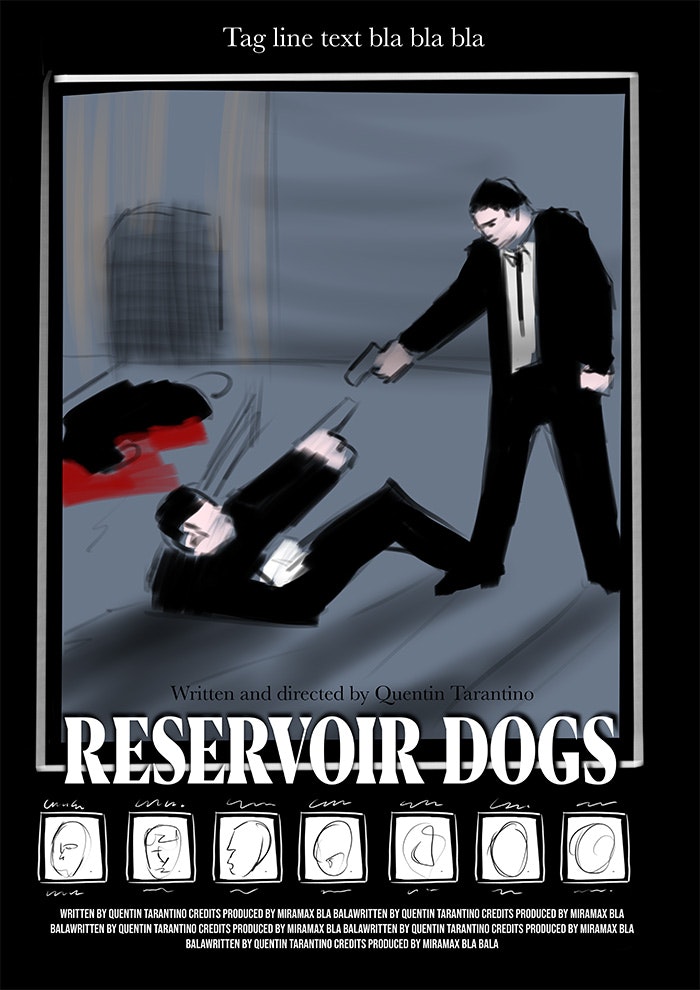 Reservoir Dogs - Here is my initial thumbnail sketch for the poster. Outlining the direction I would look to take the piece. Composition changed somewhat since this stage but the core intent is visible.