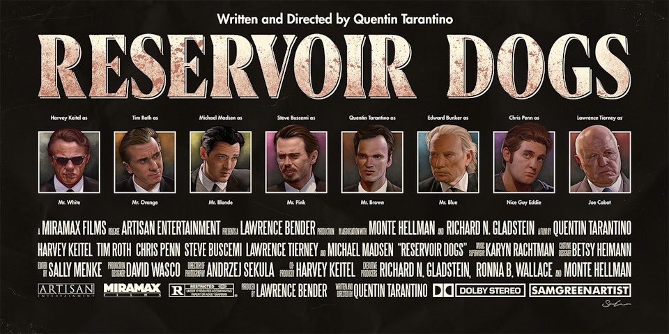 Reservoir Dogs - Title block.

For this composition I used a horizontal division of thirds, with the title block occupying the bottom third.
For the whole poster I wanted something fairly classic and retro, evoking movie posters of the era of which the film was released.

Early on I knew I would not be doing a collage style poster or something that included the majority of the characters in one scene. That said, the small cast of characters are the foundation that the film is based on, so I knew they would have to be represented in some way. With that in mind I decided to go with this series of smaller character portraits, representing each character with their signifying colour and tying them in with the billing block. 

The title treatment is meant to evoke the image of dried blood, as is seen on several of the characters - particularly Mr. White - throughout the movie.

The credits were made in Adobe Illustrator and artworked into the poster on Photoshop, where I also added studio logos as well as my own.