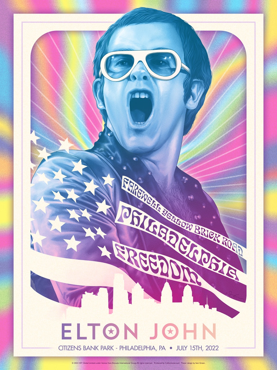 Elton John - Official concert poster - Official concert poster I designed and illustrated for the legendary Sir Elton John.
This poster was designed for the first night of the American leg of his ‘Farewell Yellow Brick Road’ stadium tour, kicking off at Citizens Bank Park in Philadelphia, PA.