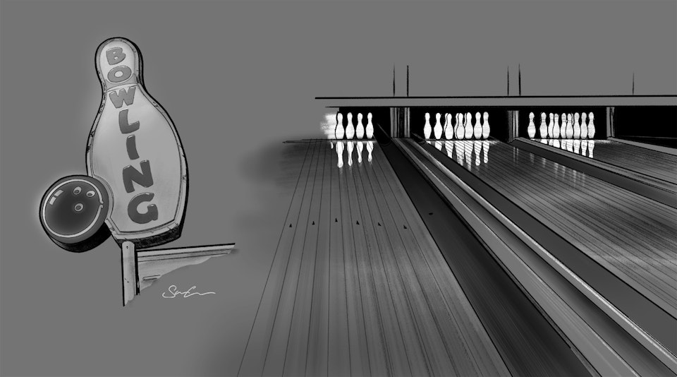 The Alley - Some of the poster background elements. For the bowling alley I drew only half and then mirrored it to create a full image which I could later colour as one component.