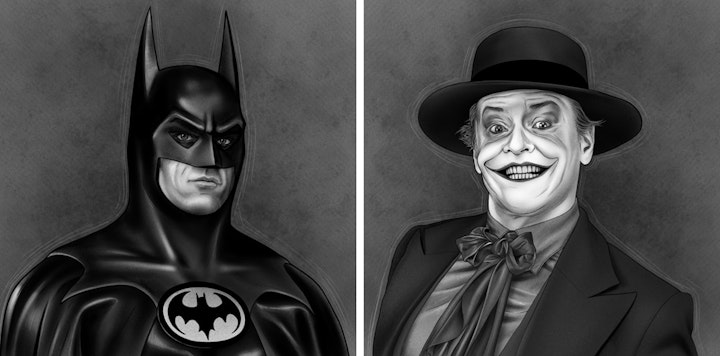 Batman (1989) - Miniature portraits of Batman and The Joker that feature in the lower corners of the regular version of the poster.