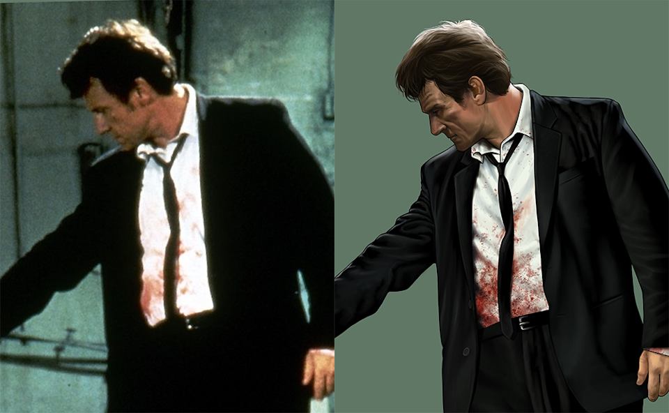 Reservoir Dogs - One of the challenges I faced with this piece was the quality of available reference. I found it quite difficult to find clear reference online and as such had to rely on a large amount of improvisation. Above here you can see the reference for Mr. White in this scene is blurry and lacks detail. The suit is almost completely silhouetted and his face is distorted making it impossible to pick out certain features.