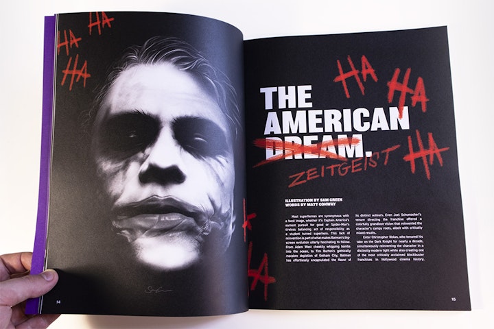 Published work - Interior of Layered Butter Issue 2, featuring my portrait of Heath Ledger's depiction of The Joker.