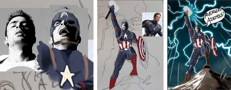 Captain America - Mjolnir - After a fair bit of searching I found a reference photo of Cap himself - Chris Evans - from a close angle to what I needed. I used that to then alter the expression and rough out the head and helmet.
From there I painted directly on top of the thumbnail sketch to mock up the body and piece as a whole. This stage is very quick and rough, I'm just establishing the forms at this point - they'll be refined later.
As you can see here, I initially played with the idea of a comic-book style speech bubble shouting the iconic "Avengers assemble!" but eventually abandoned that.