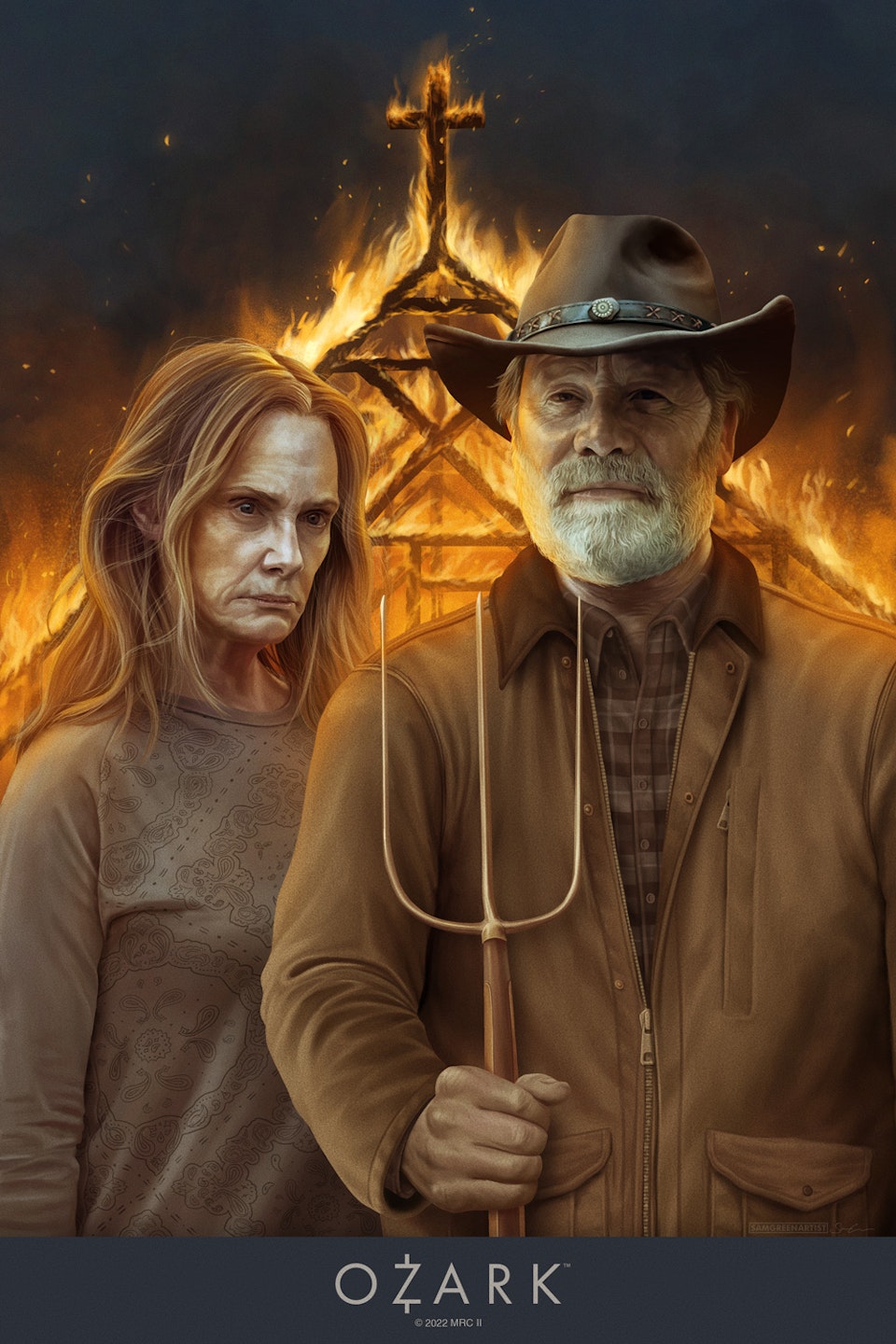 Ozark - Officially licensed artwork - "Ozark Gothic" - Officially licensed Ozark print for Gallery 1988's 'Official Ozark Art Exhibit'. 12 x 18 inches.
I had a lot of fun making this piece, featuring Darlene and Jacob Snell in an homage to the 1930 Grant Wood painting 'American Gothic'. Jason Bateman and Laura Linney did not approve the use of their likeness in the gallery show as a whole, which led me to figure out a more creative interpretation of the show. I thought focusing on the Snells - the antagonistic couple from the earlier seasons of the show would be an interesting and original angle to take. Setting them in a recreation of American Gothic with the burning church from season 1 in the background.
Painted in Procreate