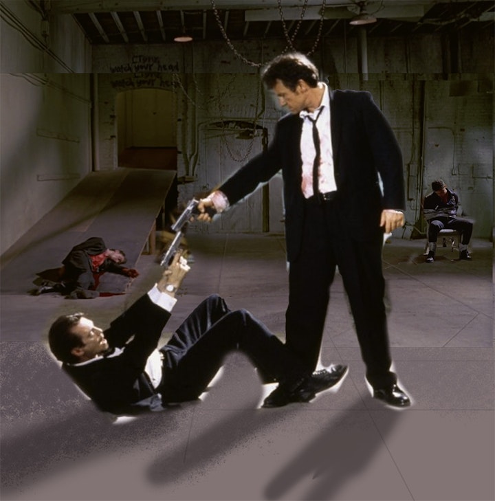 Reservoir Dogs - After working out my thumbnail sketch and getting an idea of composition, I gathered reference and created a digital mock-up with photo elements.

The warehouse interior is never shown in full view from this angle at any point in the film, so I used screencaps of several shots throughout the movie and stitched them together - editing and warping where necessary - to create a full backdrop on which to build the poster.

The stand off between Mr. White and Mr. Pink is pulled from another scene, as is the tortured police officer.