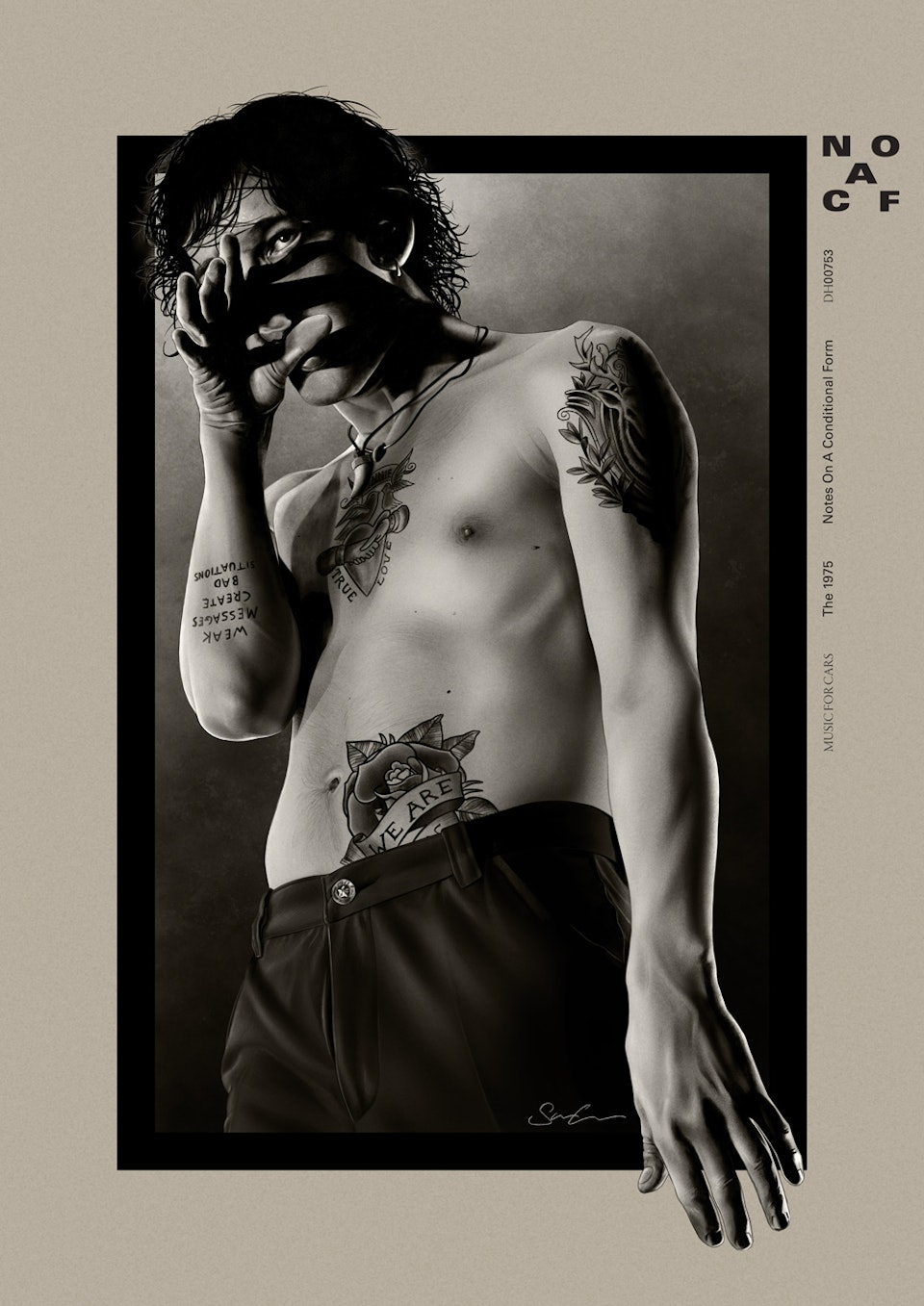 Musician Portraits - In the lead up to The 1975's fourth album <i>Notes on a Conditional Form</i>, the band released a new interactive website experience titled <i>Mindshower</i> which provides users with creative assets from the bands library. Using that I took the NOACF album branding and rejigged my artwork to be more in line with the aesthetic of the album.