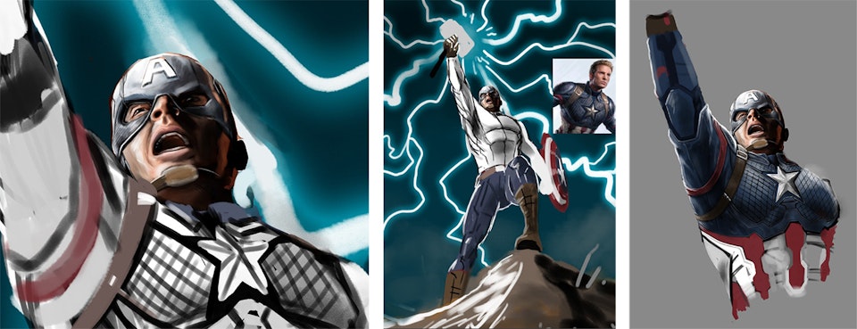 Captain America - Mjolnir - Continuing on from the last step I start to figure out in more detail the placement and proportion of the body and the costume. On a separate layer I paint a rough guide for Cap's muscle structure, this helps inform how the costume sits. On the right you can see the painting starting to take shape.