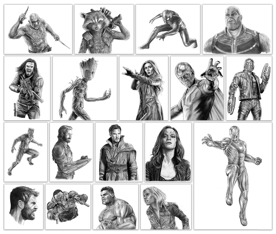 Avengers Infinity War - The poster comprised of 18 individual drawings across 16 sheets (Thor & Black Widow and Bucky & Falcon were drawn together, as you can see in the photo below). All were drawn on A4 Bristol board with the exception of Spider-Man, Thanos and Iron Man - which were drawn at A3 size. The reason for this difference is I started with the larger size, wanting to pack in more detail but quickly realised that this would take up a lot more time in an already lengthy process.