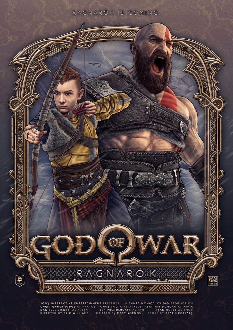 God of War Ragnarok - God of War Ragnarok poster illustration.

I was invited to take part in the Poster Posse's #Hate2Wait art project, creating artwork for our most anticipated media. I chose the game God of War Ragnarok for my subject. The follow up to 2018's God of War, one of my all time favourite games.

For the design I wanted to focus primarily on Kratos and his son Atreus, the real core of the games. Around them is an ornate and detailed Norse style frame which I designed.

Painting in Procreate on iPad Pro. Frame designed in Adobe Illustrator, painted in Procreate. Assembly in Adobe Photoshop.