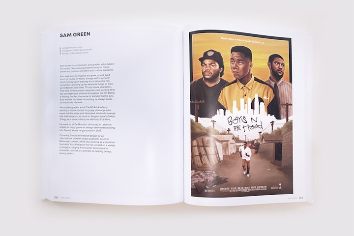 Published work - Interior of The Art of Movie Posters, with a short artist bio and a look at the Boyz N The Hood piece I created for Gallery 1988.