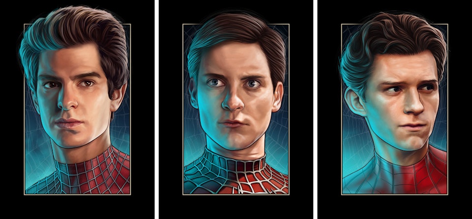 Spider-Man - Character Portraits - The three big screen Spider-Men. All great in their own individual ways.

Portraits painted in Procreate. Frame and design in Adobe Photoshop.