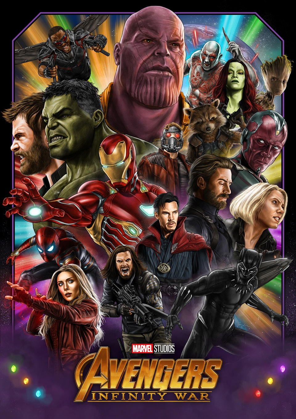 Avengers Infinity War - Infinity War Poster 

Ink on bristol board, assembled and coloured in Adobe Photoshop.

Completed in early 2019, this was my first ever full poster illustration. I learned an insurmountable amount doing this, as would be expected on my first foray into this particular type of art. That said I was surprised quite how much I learned from making this. Some of the biggest lessons I learned were what <b>not</b> to do when making a poster, specifically a large scale collage style piece. It was a very valuable experience.

Speaking of what not to do, the piece was made by hand drawing 18 individual illustrations for each of the characters in meticulous detail. My main tools were my trusty 0.5 Pentel Sharplet pencil which I've used for years, and a combination of various grey-toned ProMarkers. This was a very long way of doing things, as I'd be spending hours drawing characters where the majority of the drawing would be covered up or obscured in the finished piece. The benefit of this however was being able to make several separate art pieces that I could colour and sell as prints separately, and post to social media to generate interest for the poster. Essentially, I was making 18 character posters simultaniously in what would culminate in one larger group poster - it was a very ambitious project to start out with, but I'm very happy that I pushed myself to do it.