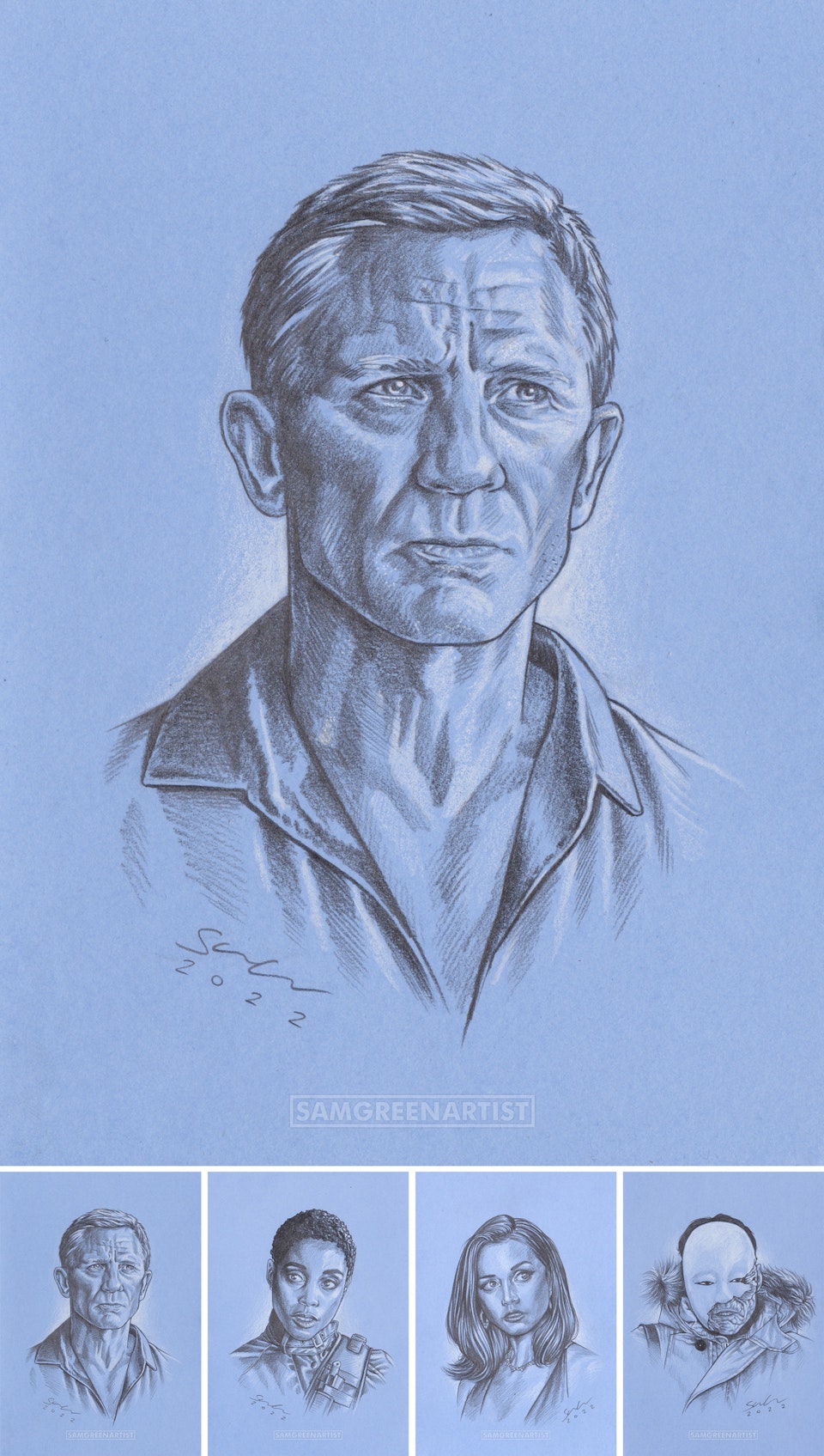 No Time To Die (Private Commission) - Alongside the main poster illustration I also did a series of character sketches.
Pencil and white ink on blue textured paper.
Bond, Nomi, Paloma and Safin.