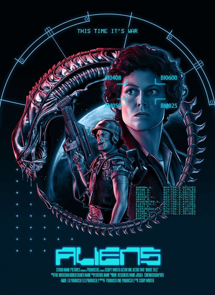 Aliens - An earlier iteration of the poster had a design element fashioned after the HUD in the UD-4 Dropship to frame Ripley's face. Ultimately I found it too distracting and chose to omit it from the final version.