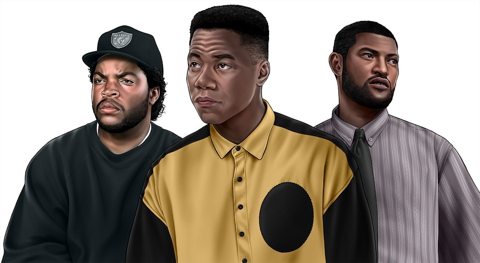 Boyz N The Hood - Here are the characters after their main colouring stage. At this point they're close to where I need them to be and can be added to the full composition where I can make adjustments with the full poster in view.

During this poster assembly stage there are a lot of tweaks made to colour grading and highlights in particular. In this piece Lawrence Fishburne's "Furious Styles" character saw the most additional painting from this stage to the final poster. While Ice Cube's "Doughboy" needed less tweaking.