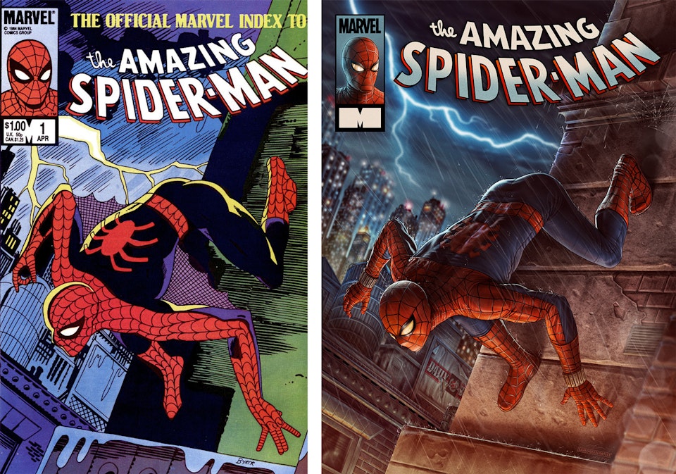 The Amazing Spider-Man - Officially licensed fine art print (Gray Matter Art) - Side-by-side comparison with John Byrne's original 1985 cover.