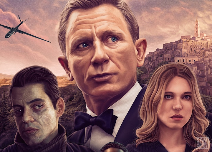 No Time To Die - Detail crop - James Bond, Lyutsifer Safin and Madeleine Swann, with Matera in the background.