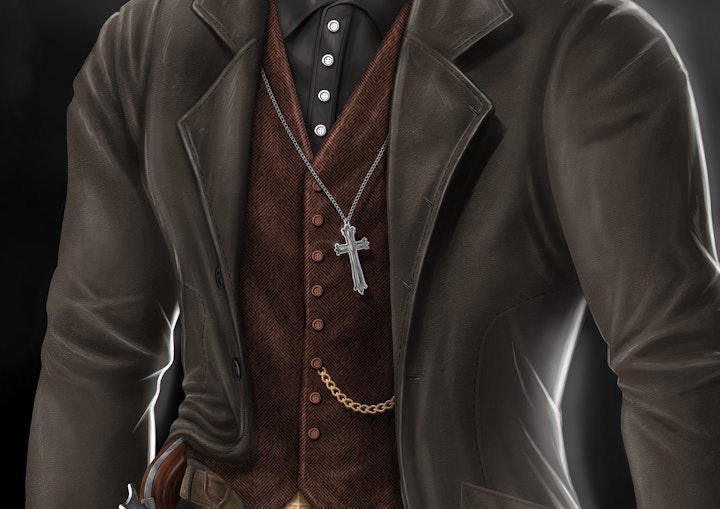 The Gift - Netflix Pitch - Detail shot of the jacket and silver cross. It was important to convey the texture and materials of the clothing.