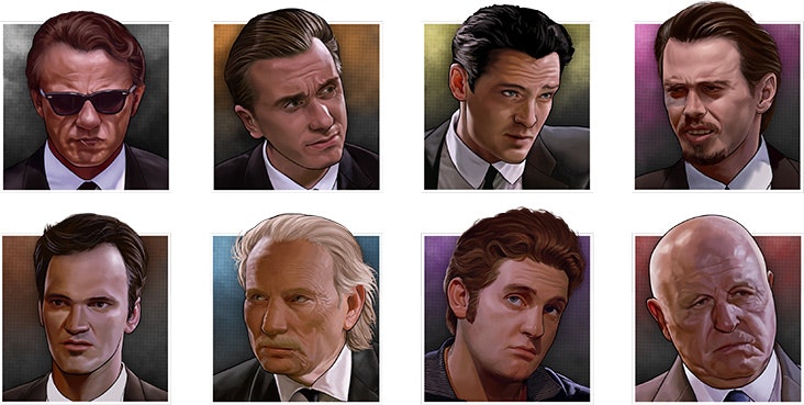 Reservoir Dogs - The main character portraits that were featured along the middle of the title block were all painted on one canvas and then tidied up with frames added in Photoshop. The characters who are assigned colours in the film are represented by that colour behind them. For Nice Guy Eddie and Joe Cabot, who do not have colour codenames, I opted for purple for Eddie as inspired by his tracksuit that he wears in the film and red for Joe as it was a colour not yet represented that I felt would tie the palette together.