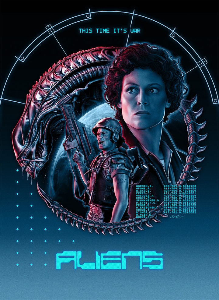 Aliens - Officially licensed 'Aliens' poster design, created for 'Aliens - Artbook' published by Printed In Blood and Titan Books.

Aliens is one of the greatest sci-fi movies of all time, and has been hugely influential to the genre so I was honoured to be a part of the officially licensed artbook celebrating this seminal film. Actors likeness approvals were stringent, with Sigourney Weaver having to sign off on her depiction personally - as such extra care was taken to be as authentic and accurate as possible. This attention to detail is carried throughout the poster, with every element intended to be as accurate and rooted in the movie as possible.

Illustrated in Procreate on iPad Pro, with design elements created in Adobe Illustrator. Final assembly in Adobe Photoshop.