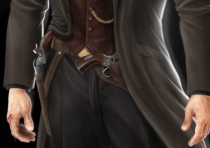 The Gift - Netflix Pitch - Detail of the preachers gun belt, featuring a pair of Colt Army 1860 revolvers. The signature weapons of The Preacher. The one in his right hand holster features regular cartridges, whereas the revolver in his off-hand holster across his front contains silver ammunition for combating wearwolves.