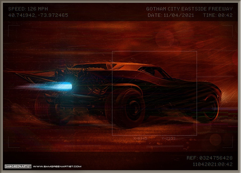 The Batman - Officially licensed poster (Bottleneck Gallery) - The Batmobile 🦇
The idea behind this component was to have it look as though it was a print out of some kind of traffic camera that has picked up the Batmobile as it’s speeding down the highway. I tried to follow a loose chronology within the poster; with this image taking place during the Penguin chase shown in the movie. The date in the upper right corner is when this chase takes place in the movie, with the time being approximated. For the co-ordinates on the upper left corner, they actually point to the Eastside Freeway in New York, which I thought would make a fitting real life approximation for the Eastside Freeway shown in the film.
On the image of the Batmobile itself I wanted the blue jet flame exhaust to create video compression artefacts from the light, to give the impression this is a shot from a video feed.