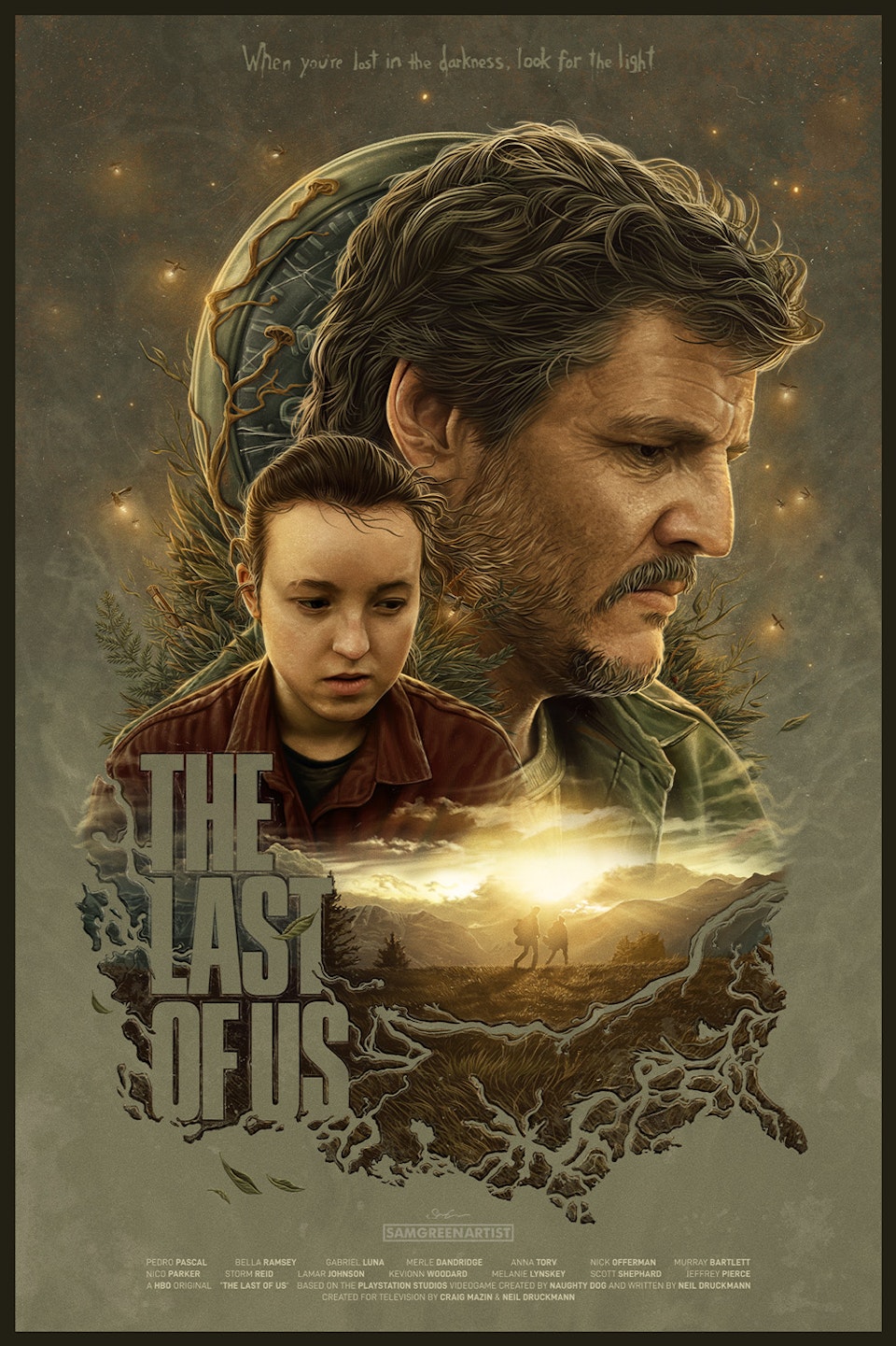 The Last of Us (HBO Series) - The Last of Us (HBO Series) - Poster illustration
Painted in Procreate
Originally created as a pencil drawing at the end of 2022, I decided to develop the concept further into a full digital illustration. 
Joel's cracked watch looms over him, representing the death of Sarah and how that lingers heavily over his life. Ellie and Joel fade into each other, showing the interwoven nature of their relationship.
Silhouetted by light and positioned in Joel's heart is him and Ellie – the relationship that provides him with a very literal light in his life and the hope to go forward.
The plants surrounding them ties into the overgrowth that the world is faced with after the outbreak, with the fireflies buzzing around them representing the group of the same name. Nestled amongst the overgrowth is Ellie’s switchblade, as well as a couple of other small nods. Small pieces of cordyceps can be seen amongst the leaves, with a large mass of it taking hold on the face of Joel’s watch – showing the spread of the virus over time.
Finally, creeping in from the negative space is the shape of the cordyceps virus, creating the shape of the map of the USA, where Joel and Ellie’s journey takes place. That very journey is shown with a tendril of the virus creeping in from the east coast, following the route across the map that they take over the course of the show.